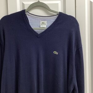 Lacoste Men's V-Neck Sweater in Navy with Green Crocodile Logo